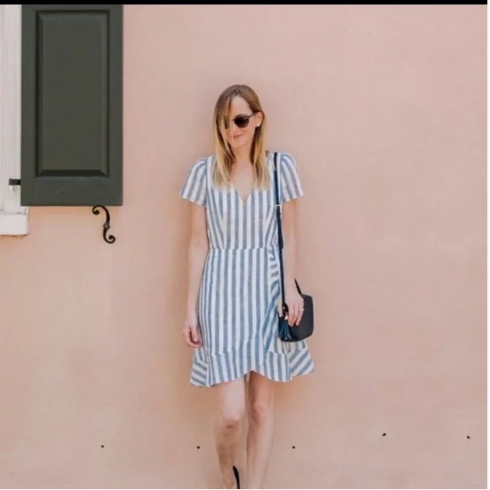 J. Crew Factory Blue and White Striped Faux Wrap Cotton Dress Size 6 - Picture 4 of 12
